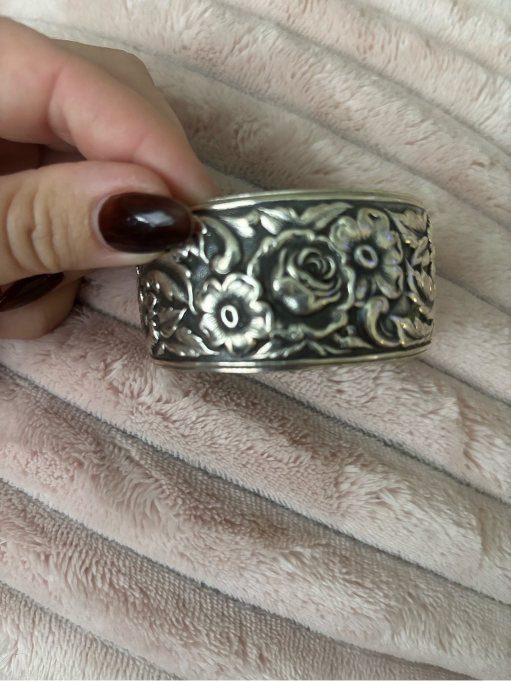 S. Kirk & Son vintage Floral Engraved Wide Silver Cuff Bracelet - Silver